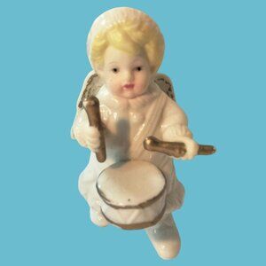 Grandeur Noel Porcelain Angel Figurine Playing Drum Gold Accents Christmas